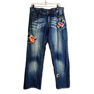 Baccini Jeans Floral Patches Crop Stretch Boho Embroidered Spring Size 12 P #539